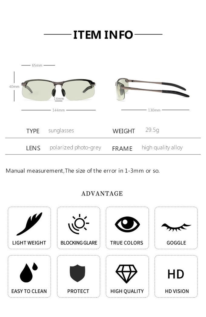 Polarized Photochromic Mens Luxury Sunglasses BSCI Color Changing Lens