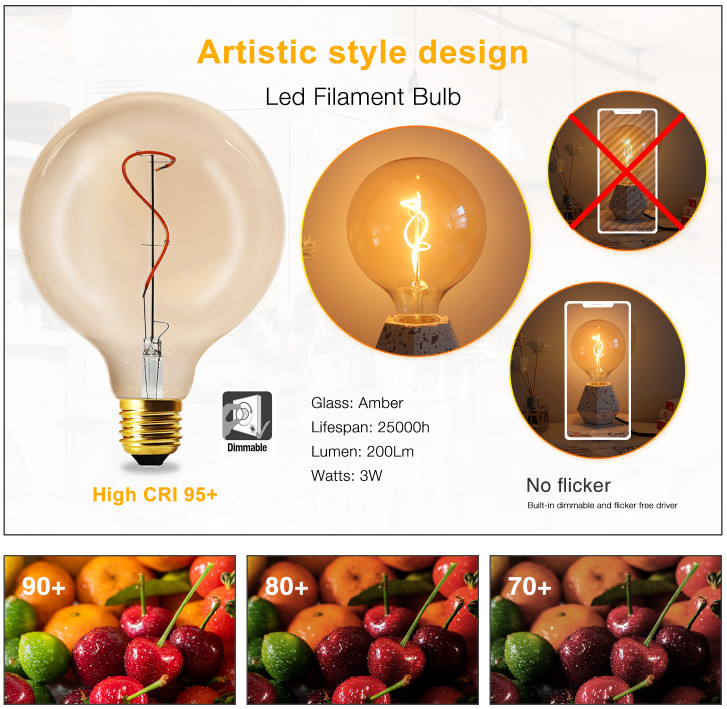 4Watt Amber Spiral LED Filament Bulbs G125 Globe Bulb 200lm