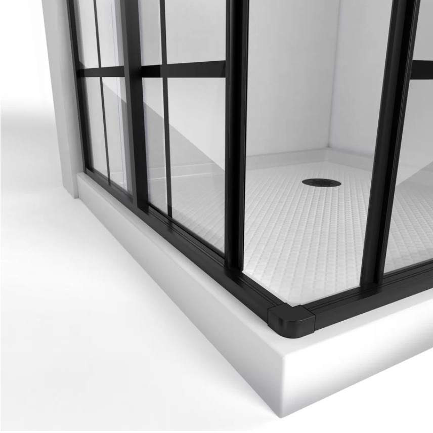 Corner 3 Panel Sliding Tempered Glass Wall With Black Framed Silk Pringint