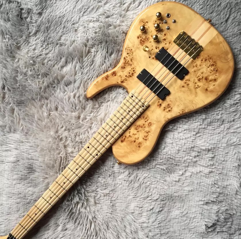 Custom 5 Strings Neck Through Body Burl Maple Top Electric Bass Guitar