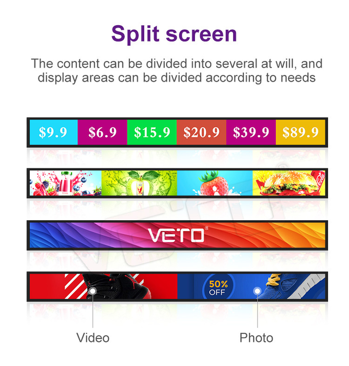 VETO Customisizd Size Indoor Digital Advertising Screen Shelf Edge Stretched Bar LCD Display For Retail Store
