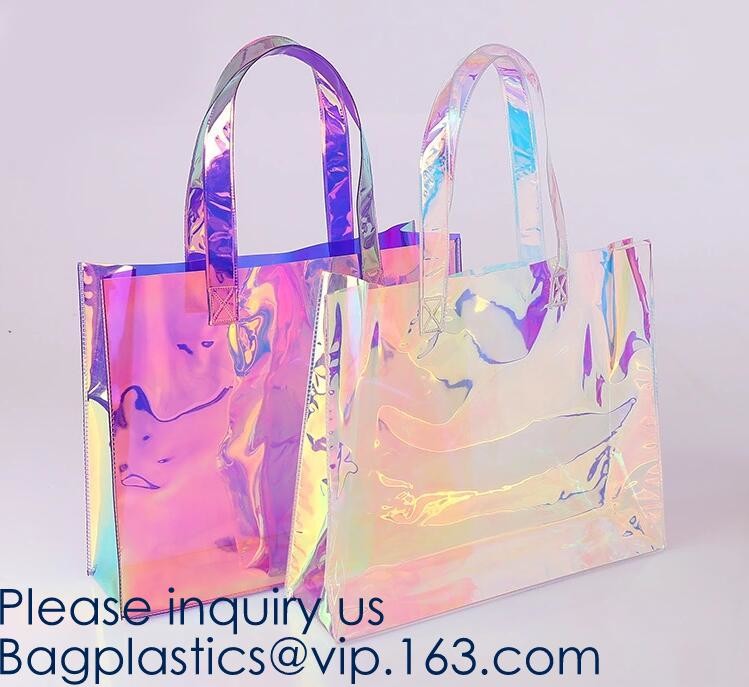 Waterproof All Over Printing PVC Coating Tote Shoulder Fabric Shopping Bag With Gusset And Lining,Jelly Clear Plastic PV