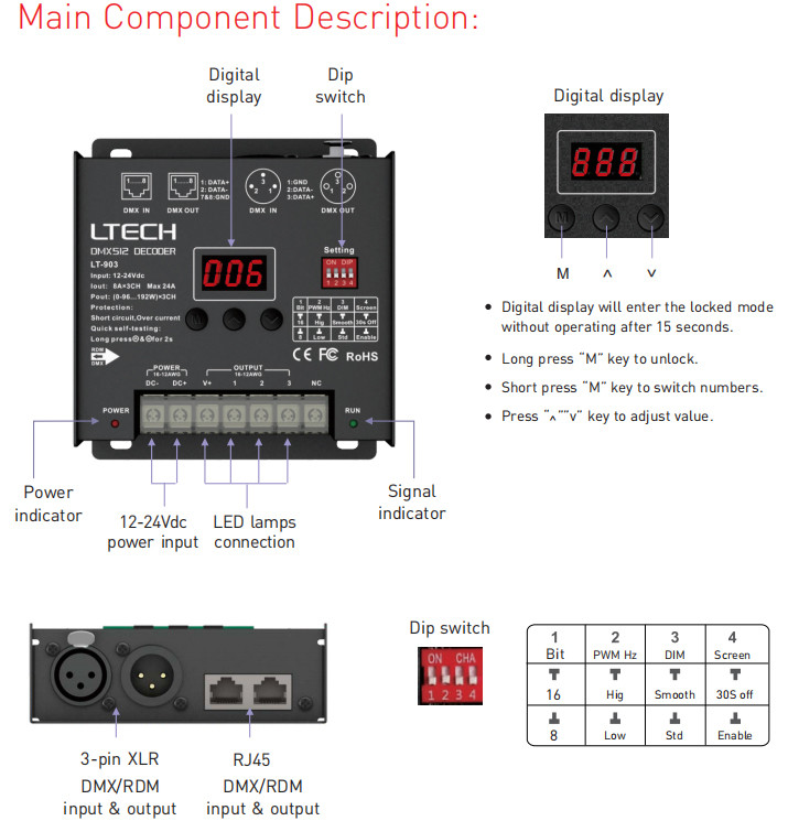 3 Channel Led Dmx512 Decoder Constant Voltage DC12V-24V With Touch Button