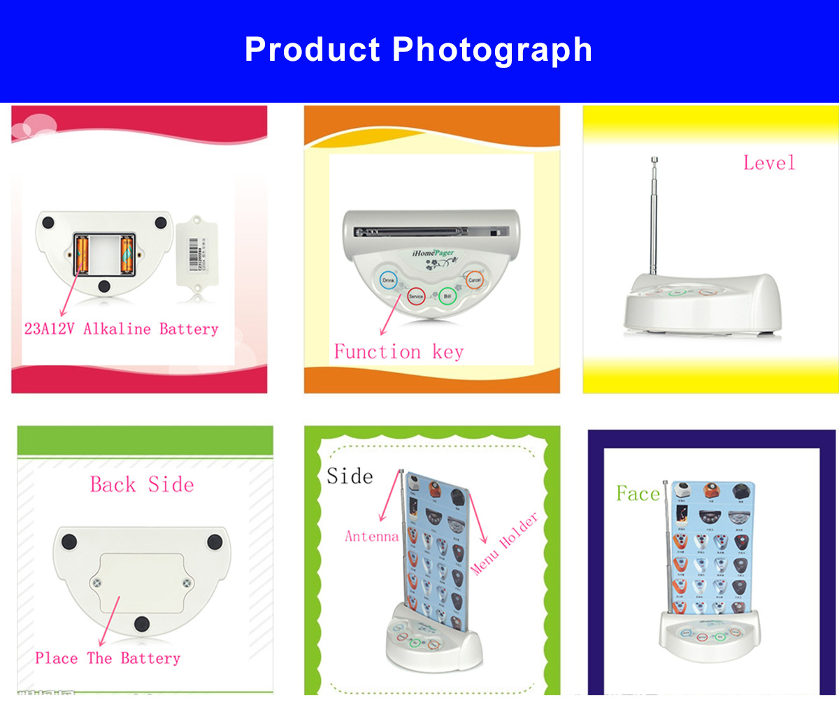 High quality wireless waiter call button with 4 keys and flash menu holder