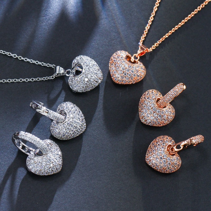 Elegant Leaf Shape Heart-Shaped Party Earrings and Necklace CZ Gold Plated Necklace Wedding Jewelry Set for Bride