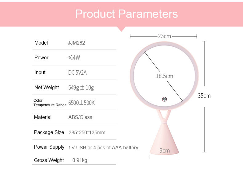 Handheld Dia. 18.5cm 4W 840 Lux LED Magnifying Mirror