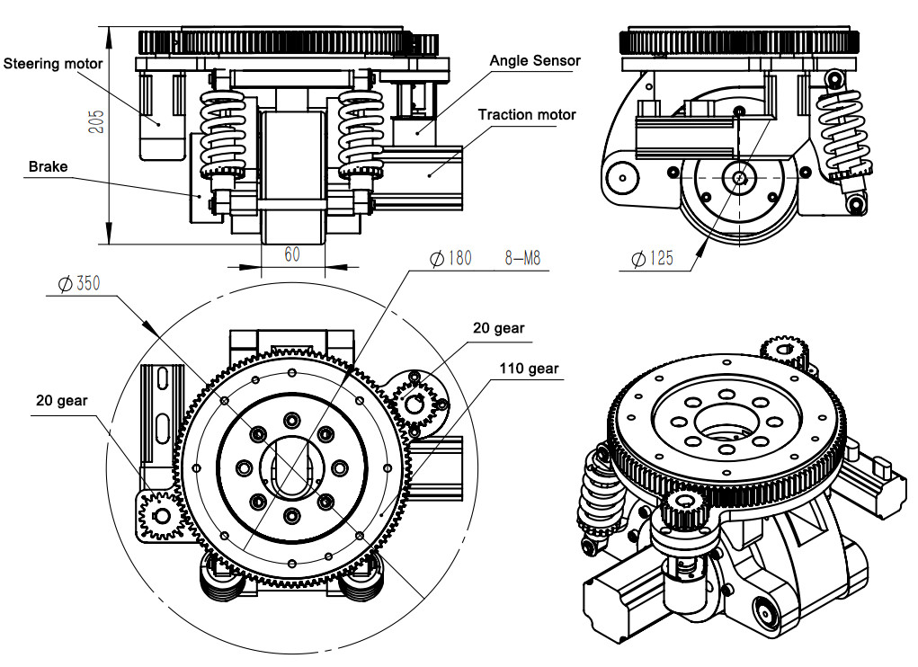 205mm Small Shock Absorbing AGV Drive Wheels For Robot Forklift Servo Motor