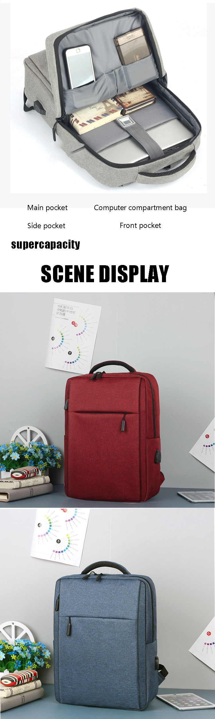 Travel Men Computer Bag Polyester Casual Geometric USB Laptop Backpack