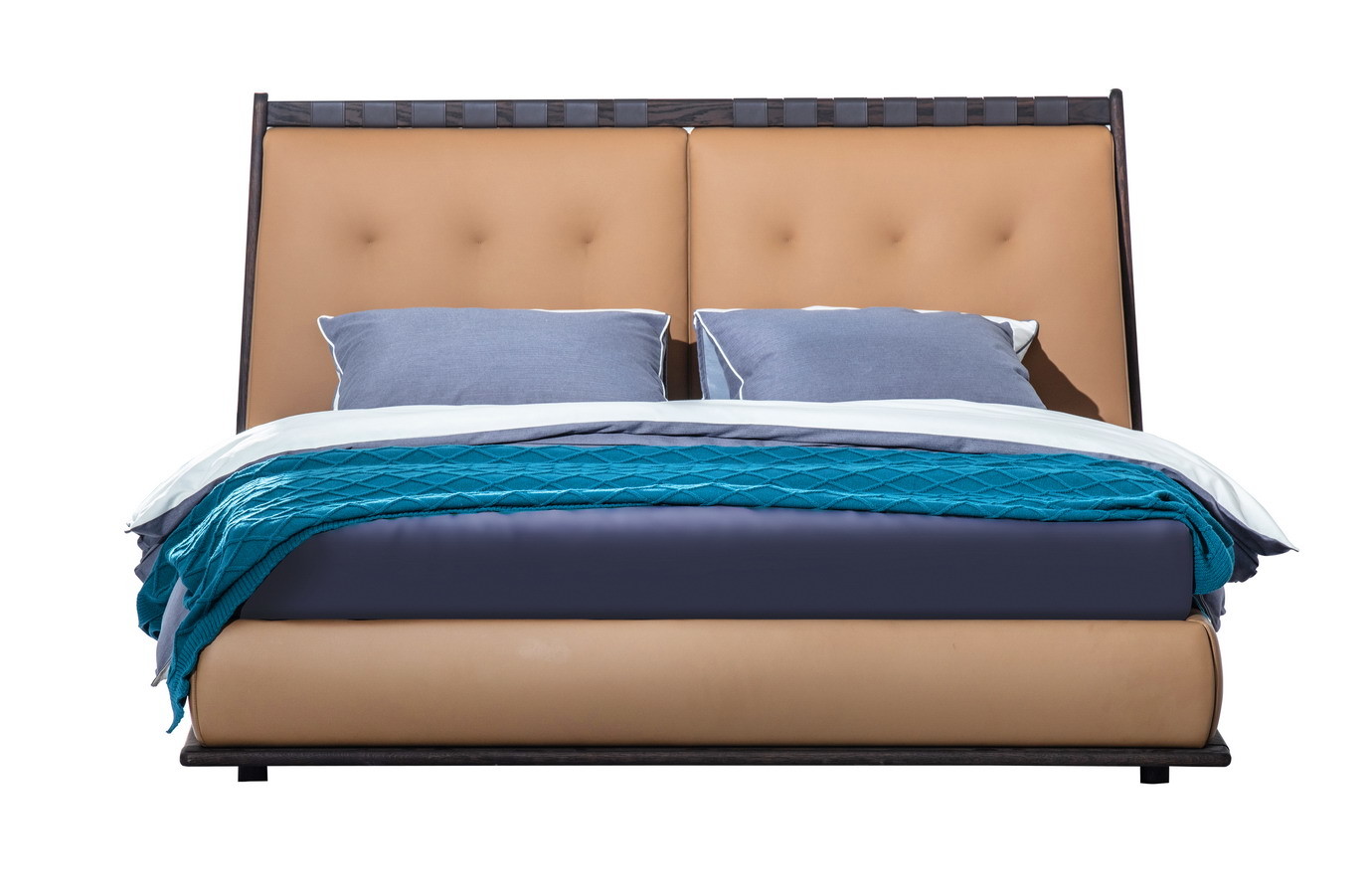 Oak wood King size Bed with Cow Leather upholstered headboard for Villa interior Bedroom furniture set and Nightstand