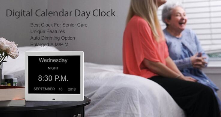 Day Clock Digital LED Wall Clock Calendar Alarm Clock 8" Extra Large Impaired Vision 3 Medicine Reminder Display Clock