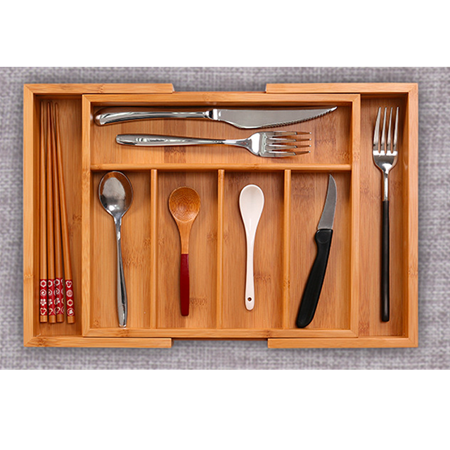 Expandable Rectangle Kitchen Tableware Bamboo Silverware Cutlery Tray CE Certificate