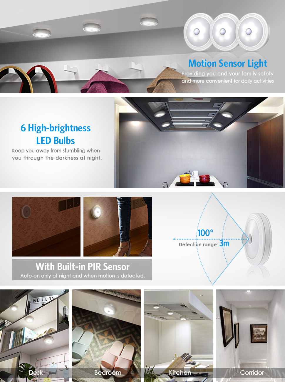 DC3V-6V 6Pcs Led Battery Operated Motion Sensor Cupboard Lights