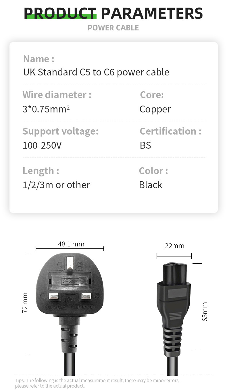 Custom 3 Pin UK Power Cord Cable Laptop Electric Plug 3x0.75mm2