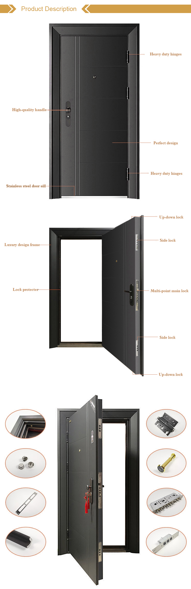 Multiple Styles Thick Hotel Security Door Black Panel Steel Door For Exterior Entry