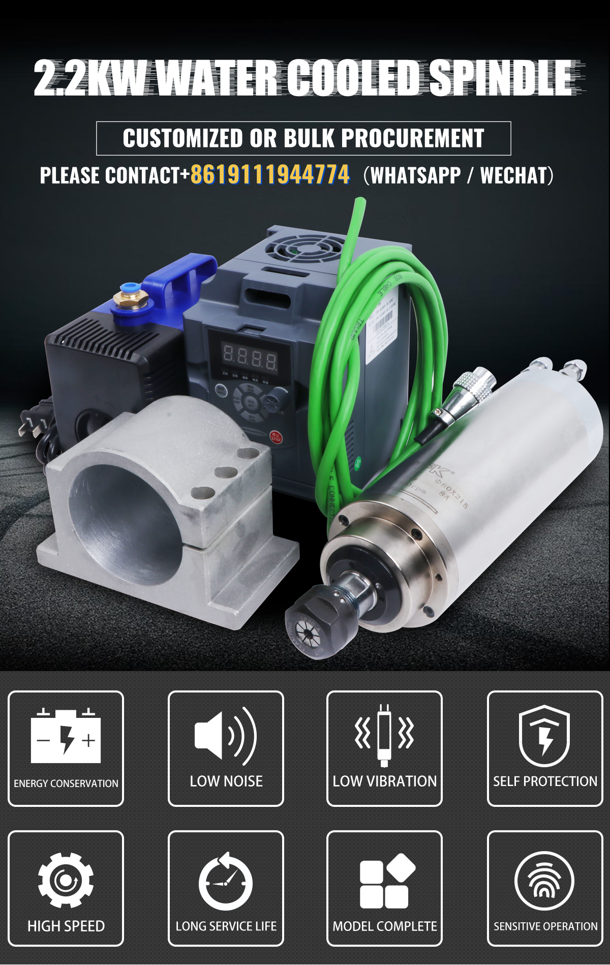 2.2KW 80mm YFK Water Cooled CNC Spindle Motor Kits VFD Clamp Mount Water Pump Water Pipe