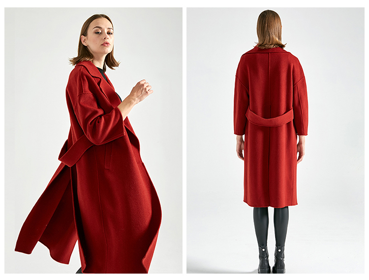 Red Color Women'S Long Wool Winter Coats ，Long Woolen Jacket For Ladies