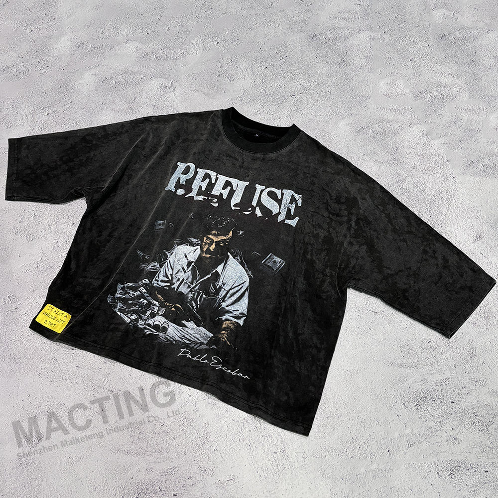 Vintage Acid Wash Boxy Cropped Printed T Shirt for Men's Custom Streetwear in Black Color