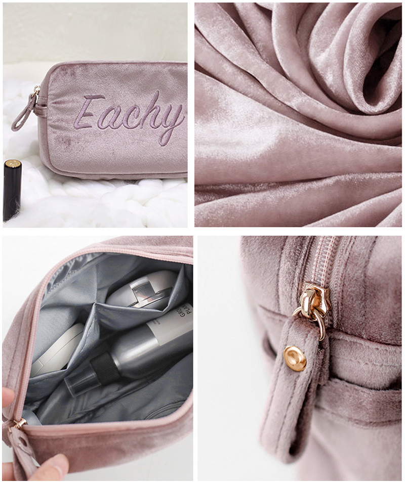 Small Letter Embroidery Plain Soft Velvet Makeup Bag For Brushes