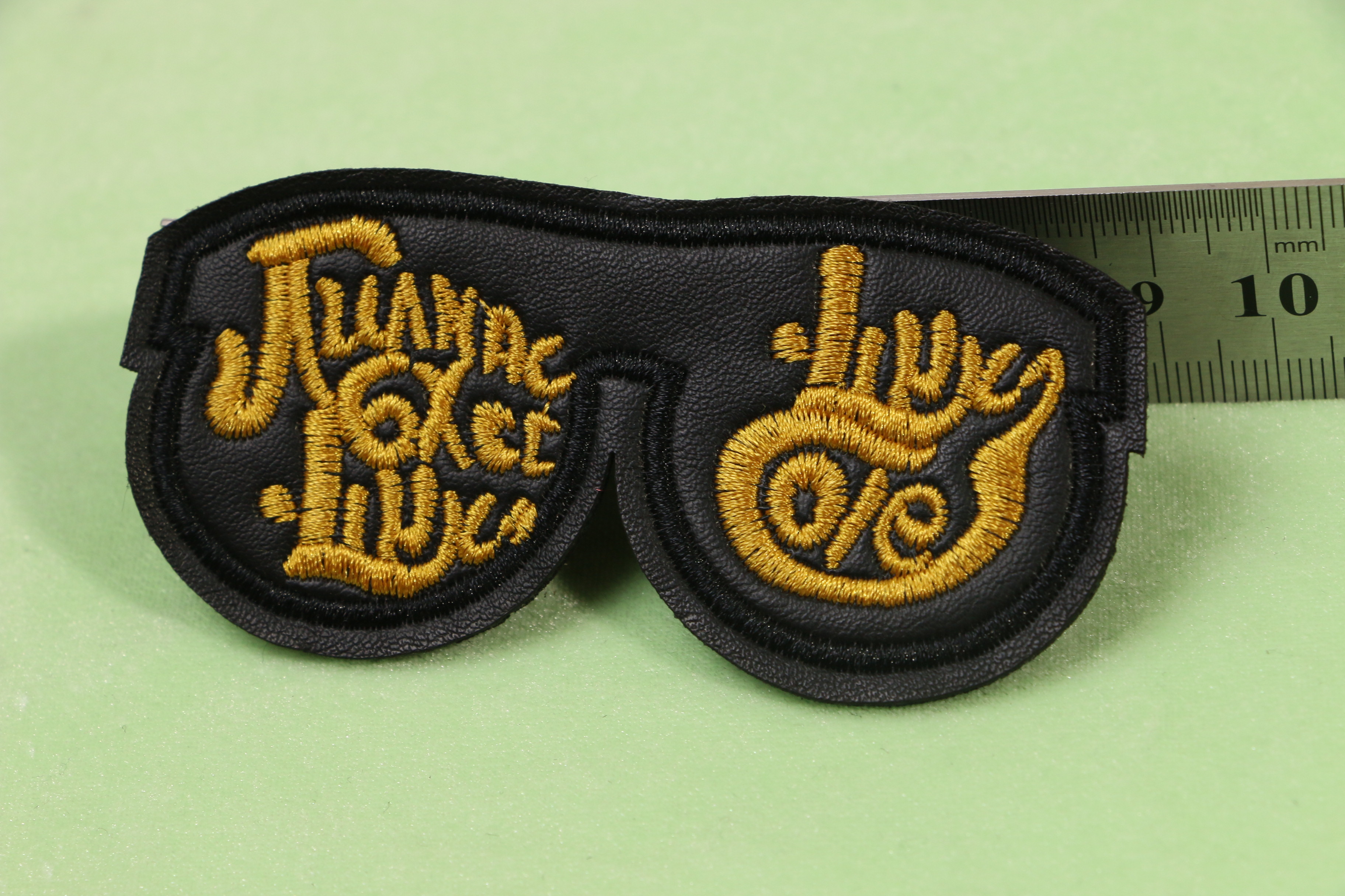 Black Faux Leather Glasses Shape Embroidery Patch With Gold Metallic Threads