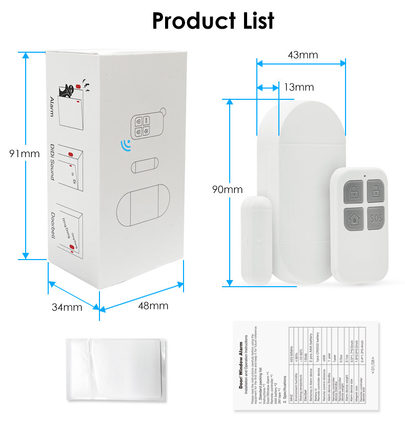 Door Window Alarm Sensor Security Alarms 433.92MHz With Sos Panic Button