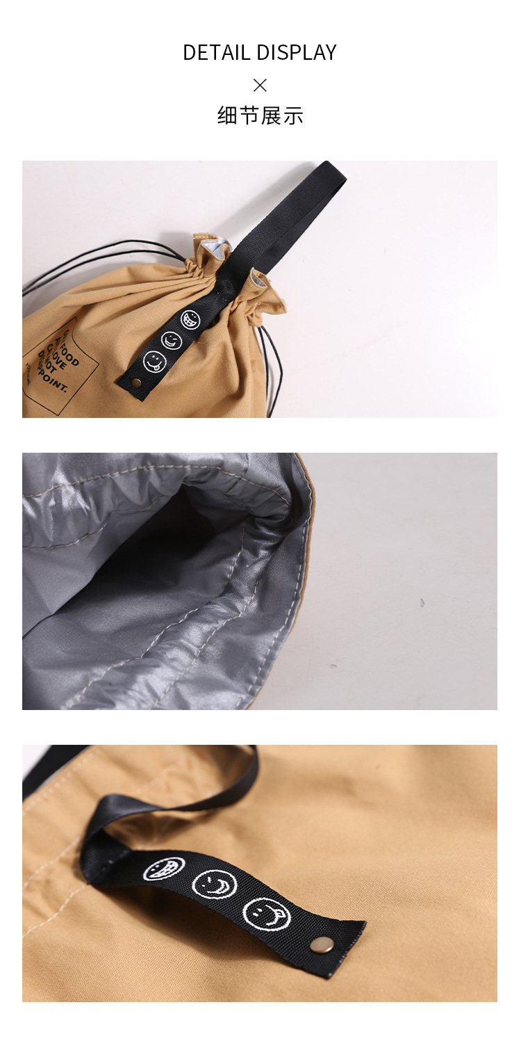 Customized Insulated Bento Bag Wide Opening Canvas Drawstring Lunch Bag