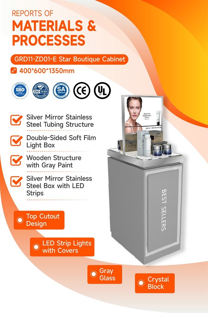 GDR11-ZD01-E Cosmetics Retail Display with LED Light Strips and Gray Glass for Retail Stores