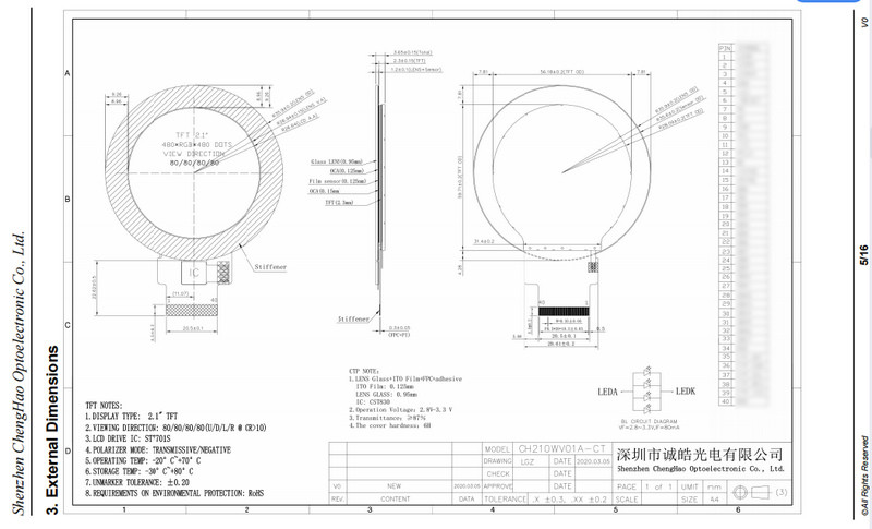 Round Color LCD Display 2.1 Inch 480x480 IPS All Viewing Direction