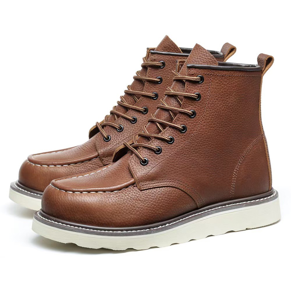 Fashionable Steel Toe Work Boots Slip Resistant Mid Top Leather Boots Unisex