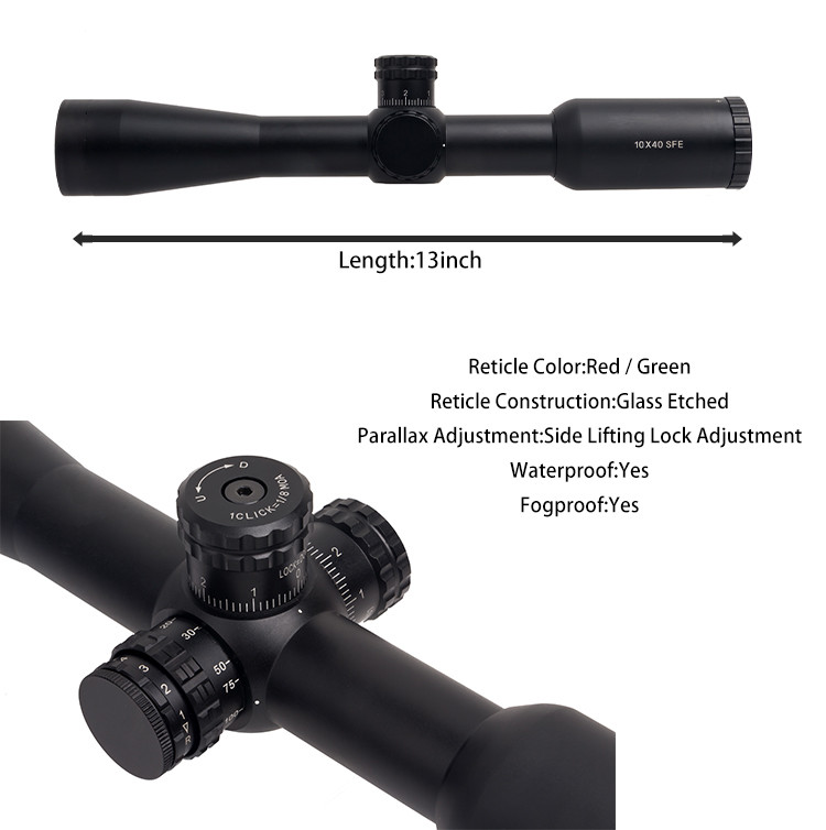 Fogproof 10X40SFE Riflescope Illuminated Hunting Scope 1 / 8MOA 30MM Tube