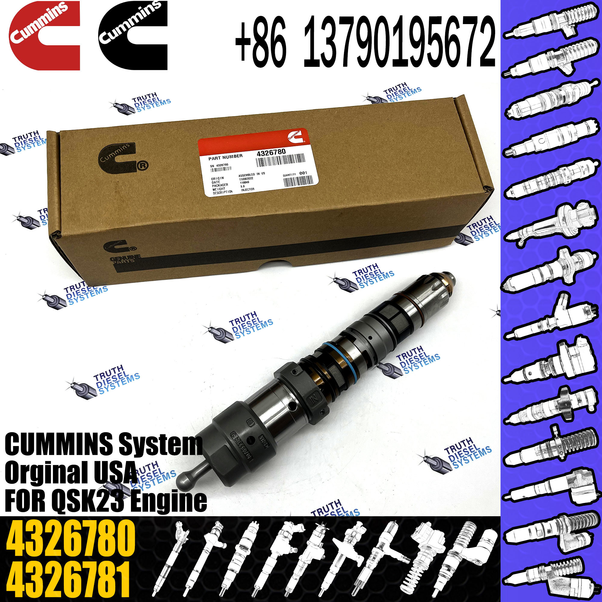 QSK23 QSK45 QSK60 Diesel Engine Common Rail Injector 4902828 4088428 4326780 4326781 4928346