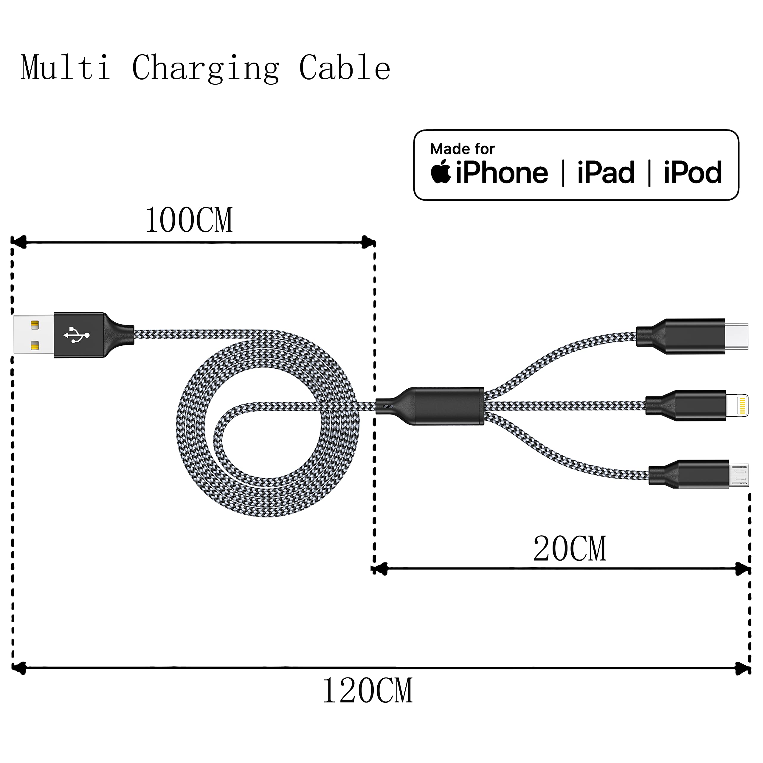 3 in 1 USB Charging Cable Multi Phone Cord with Type C/Micro/Lightning USB Connectors
