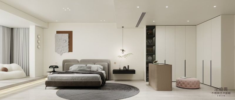 Fadior Elegant Stainless Steel Walk-In Closet With Wood Grain Island And Multiple Storage Solution