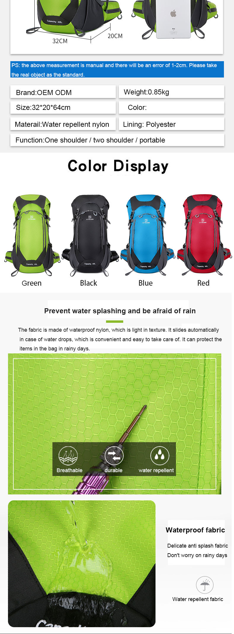 64cm Green Waterproof Hiking Backpack Women'S Lightweight Travel Backpack 40L