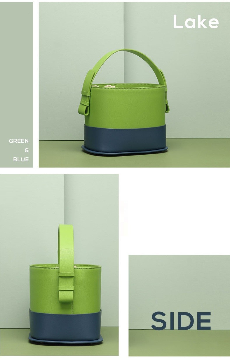 Green Bucket Handbags Cowhide Leather Multi Color Shoulder Bags For Women