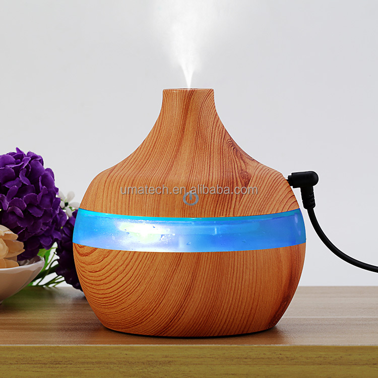 Small Size 300ml Wood Grain Cool Mist Room Humidifier with Color Change LED Light