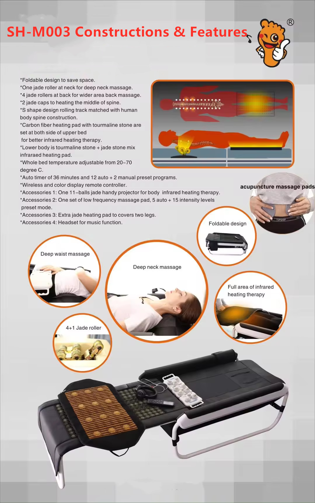 New Style Jade Roller Massage Bed Salon Furniture Far Infrared Heating Therapy Chiropractic Table