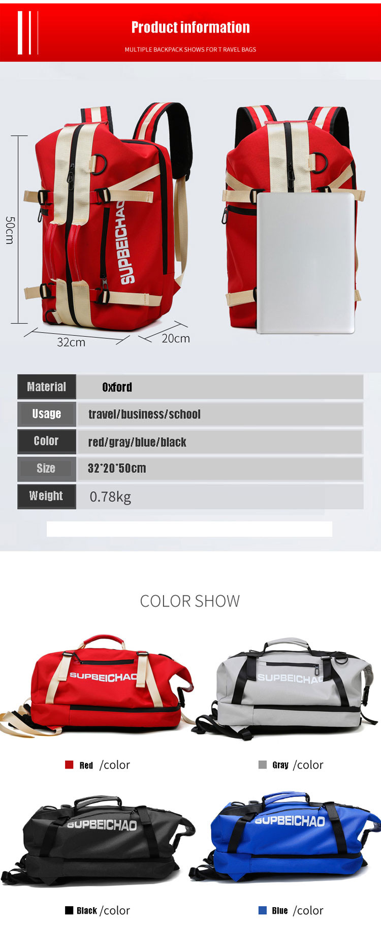 Multi Function Laptop Backpack Travel Women Gym Bag Fashion College