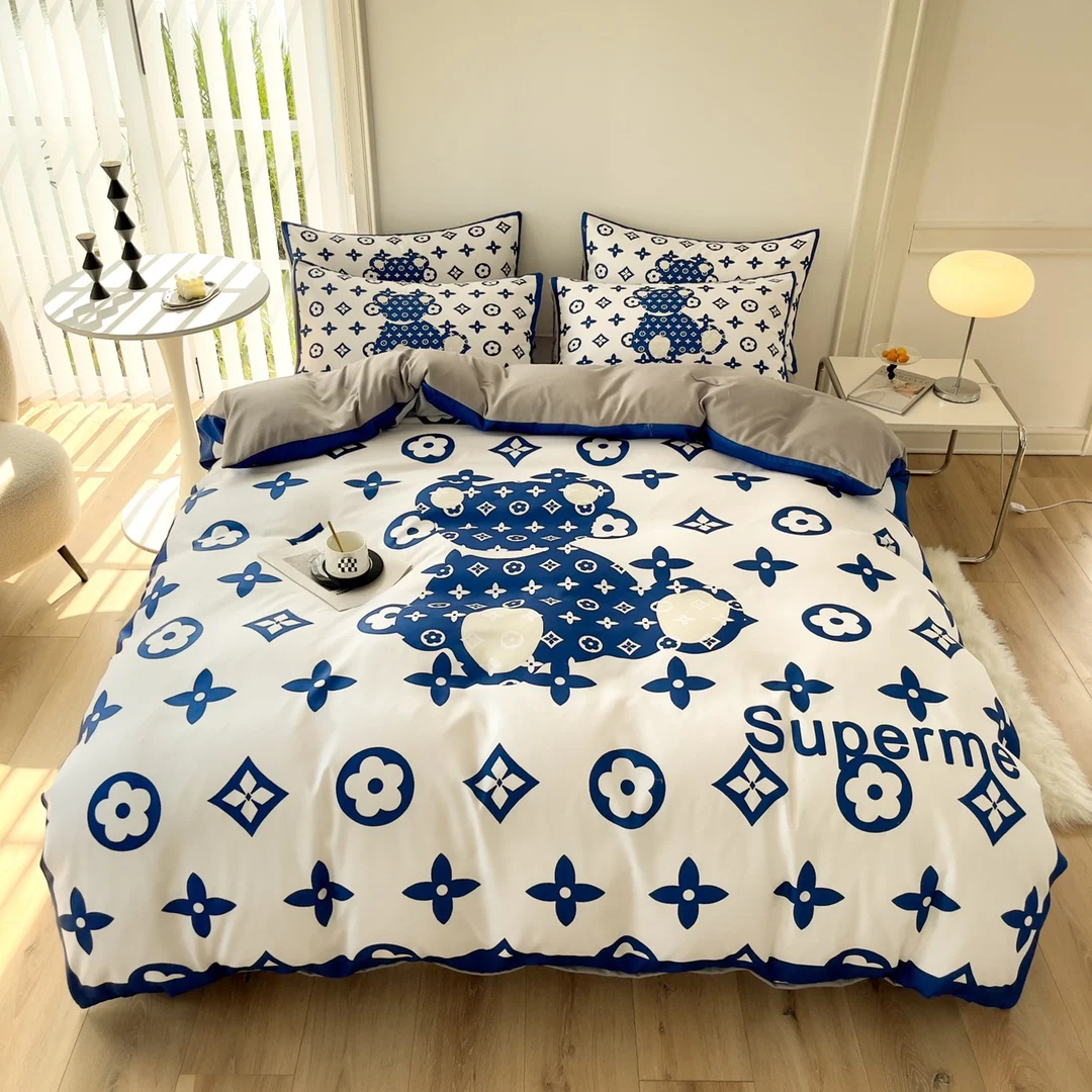 Popularity Cotton 4-In-1 Bedding Set Brown White King Size Duvet Cover Bed Sheet
