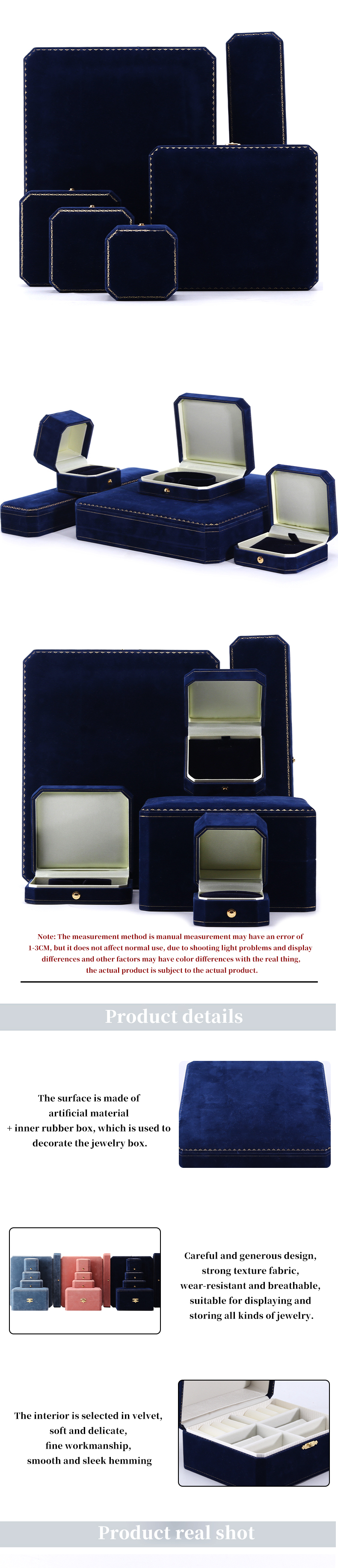 Handmade Rectangle Dark Blue Velvet Jewelry Box for Custom Luxury Bracelet Ring Set