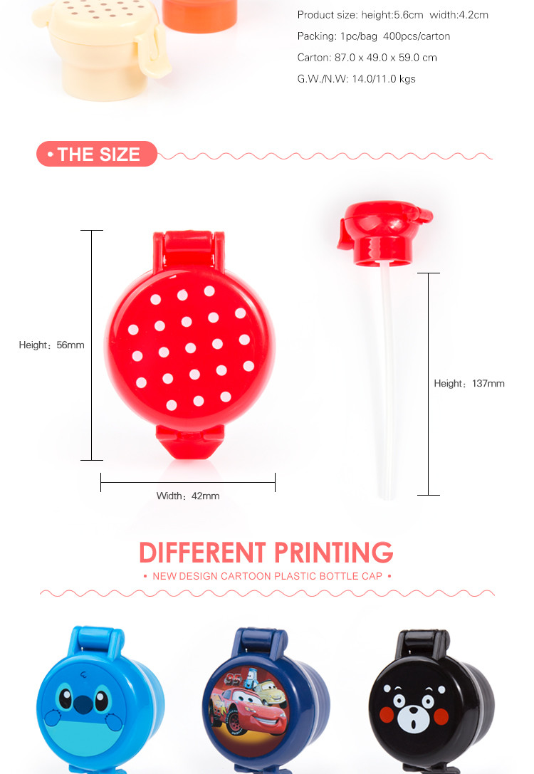 Cartoon design child resistance cap Wholesale plastic water bottle caps with straw