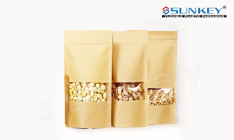 Biodegradable Resealable Food Packaging With Window Kraft Paper Stand Up Pouch