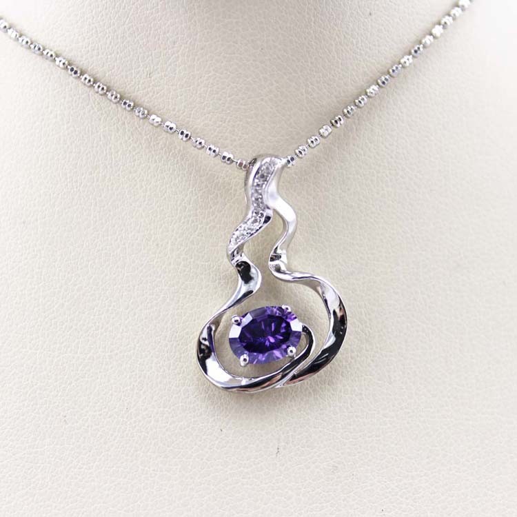 925 Silver Bead Chain Oval 6x8mm Blue Cubic Zircon Pendant Necklace(P34)