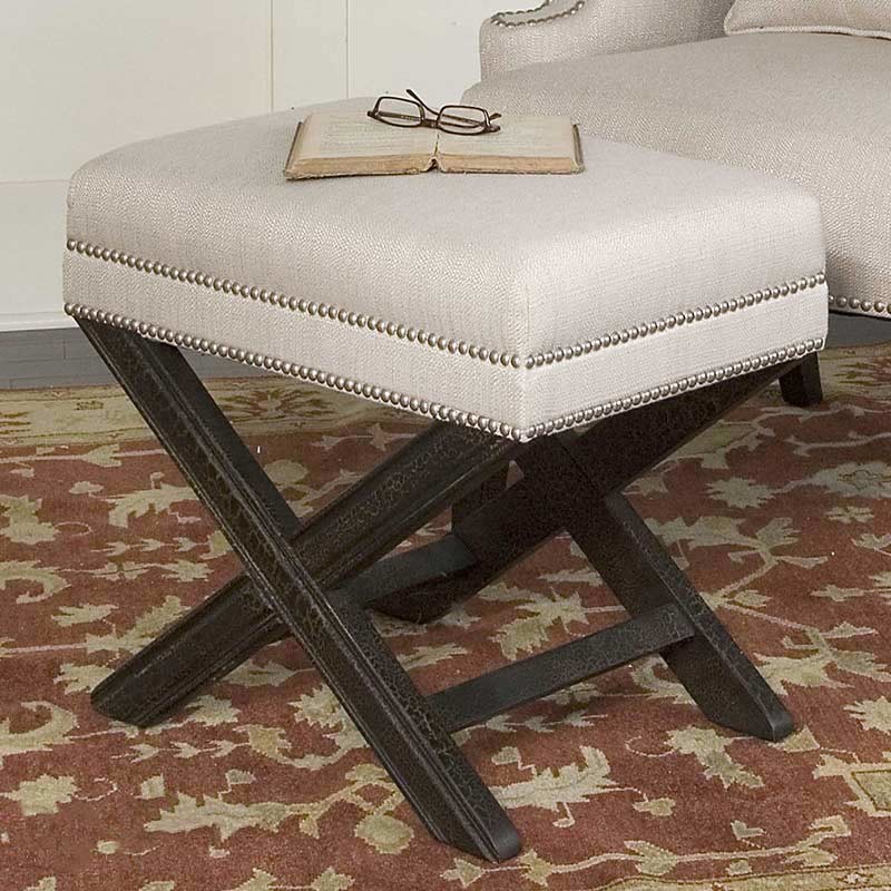 Vintage H49cm Wood Leather Ottoman Footstool For Living Room