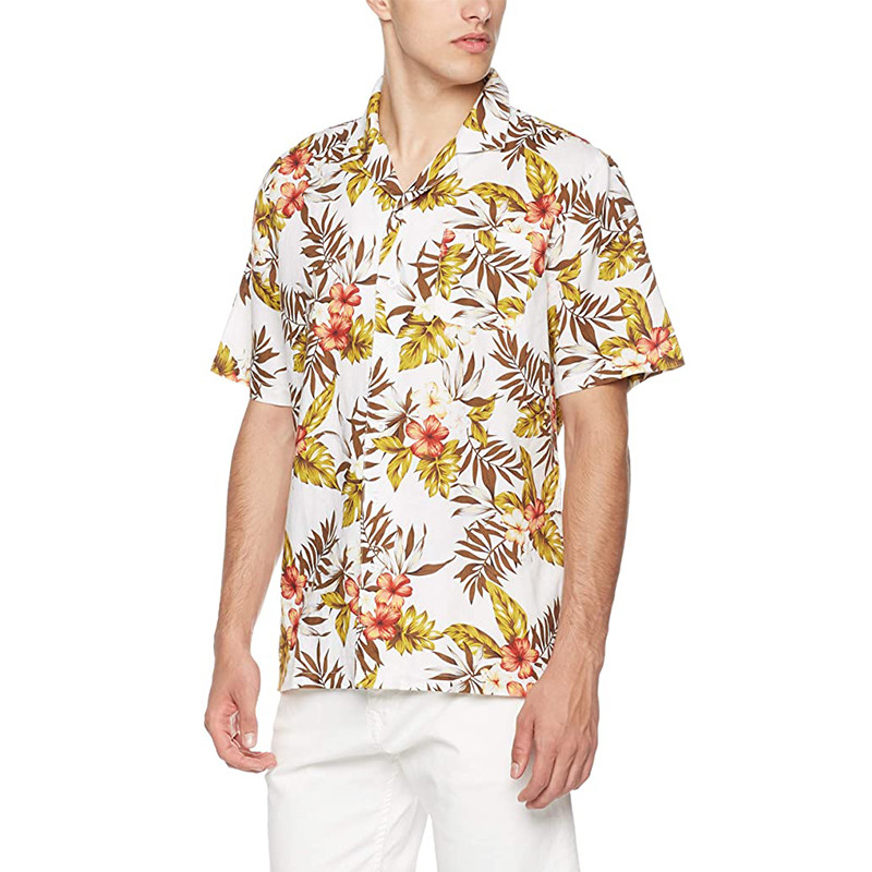 Printed Linen Mens Short Sleeve Tropical Shirts OEM Business Casual Hawaiian Shirt