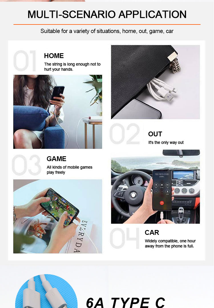 Super Fast Charging 6A Type C USB Data Charger Cable fo Mobile Phone