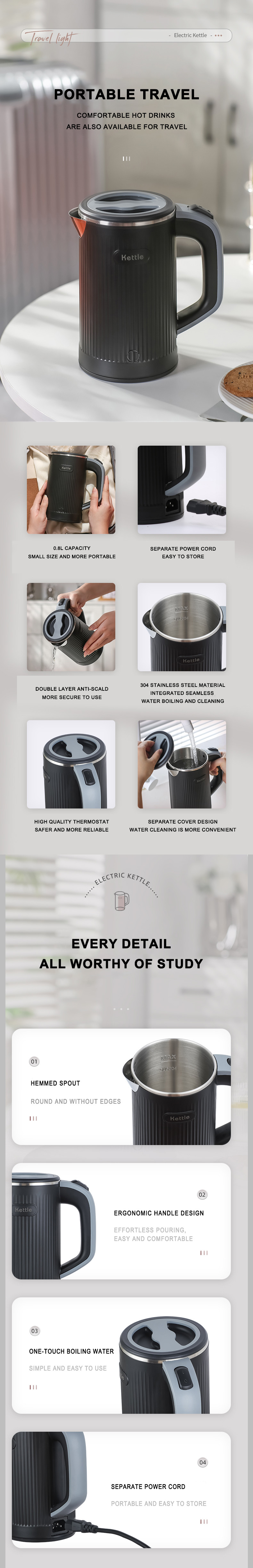 800ML Portable Kettle Food Grade Stainless Steel Electric Kettle Anti-scalding