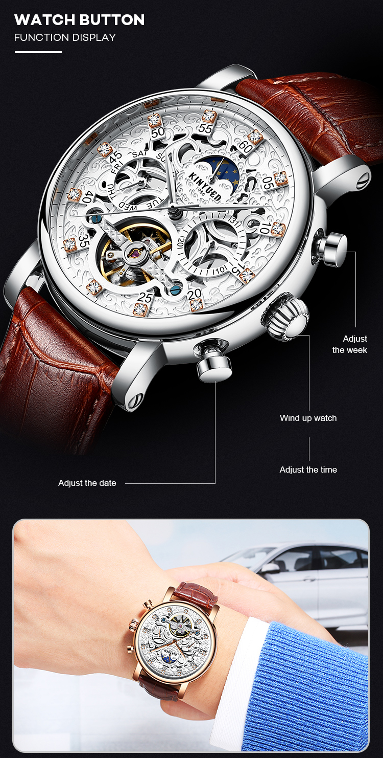 KINYUED Watch Leather Strap Tourbillon Skeleton Watches Men Luxury In Stock Automatic Mechanical Watch