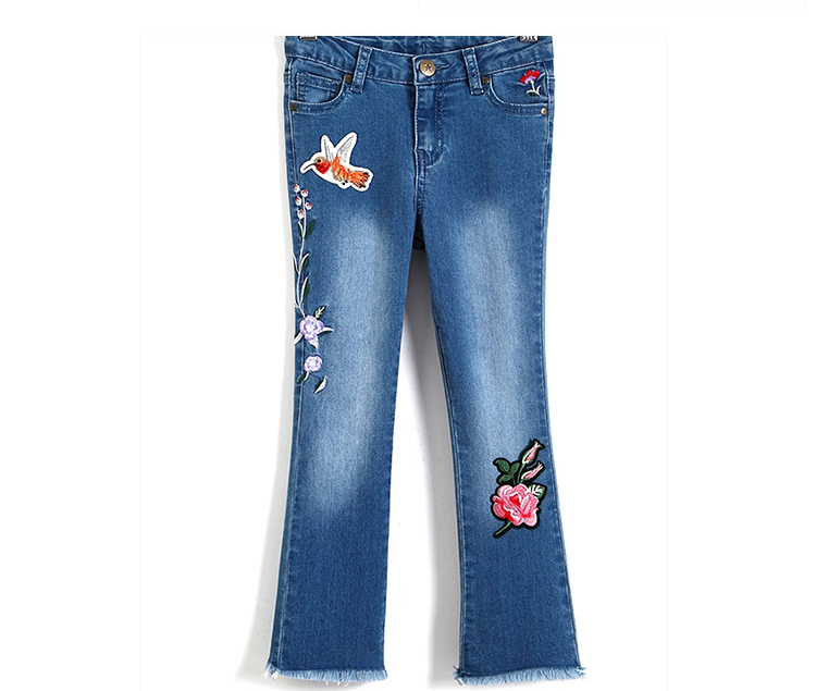 Embroidery Kids Jeans Pant Light Blue , Children Girls Denim Pants Breathable