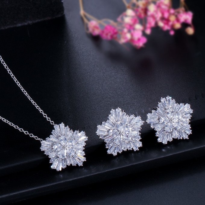 White Gold Color Luxury Bridal CZ Crystal Necklace and Earring Sets Big Wedding Jewelry Sets For Brides