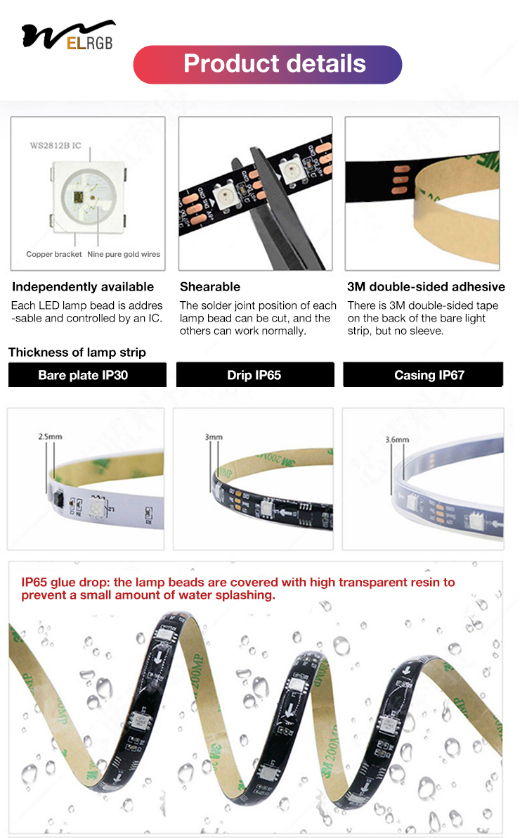 CRI Ra 80 10mm PCB Width WS2812 Full Color SMD5050 60LEDs/m Flexible LED Light Strip